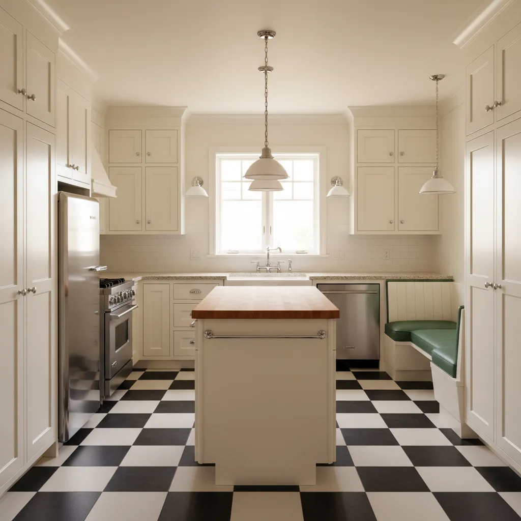 1930s kitchen with simple retro color palette white cabinets mint accents