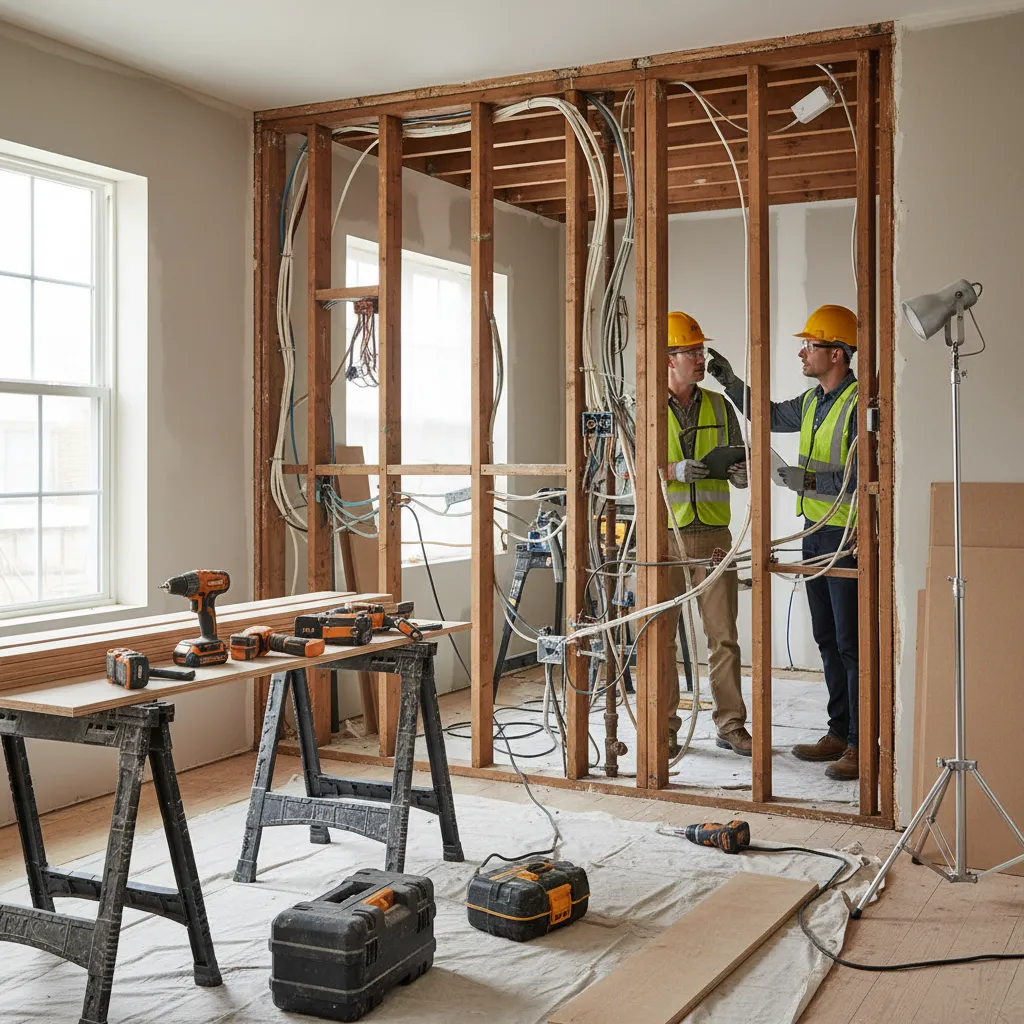 Exposed outdated wiring inside a 1950s kitchen wall during renovation