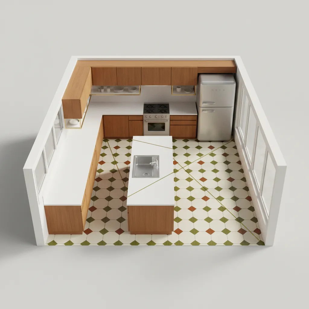 Kitchen work triangle showing sink stove and refrigerator positions