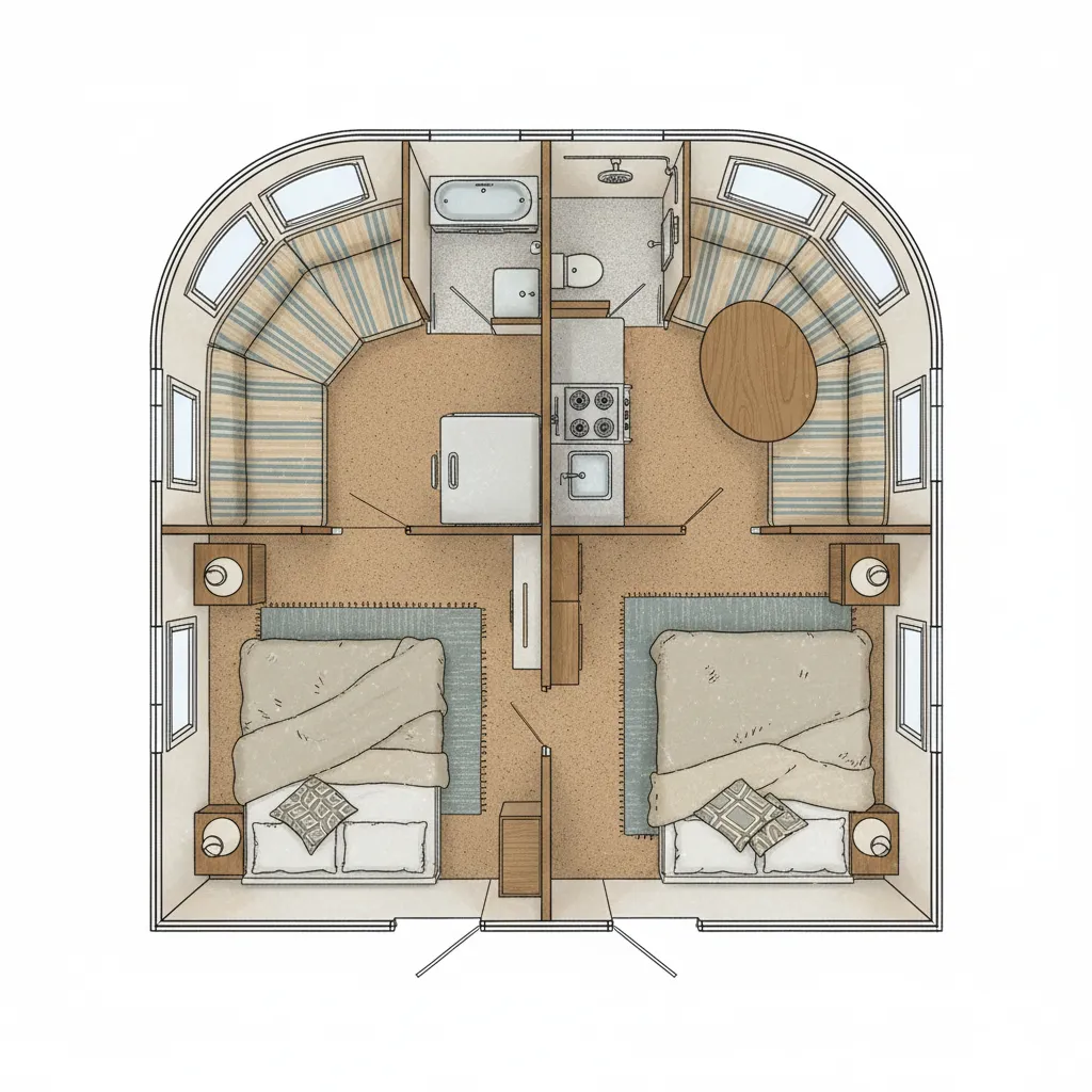 top view 1960 rambler trailer floor plan layout with dinette kitchen and sleeping area