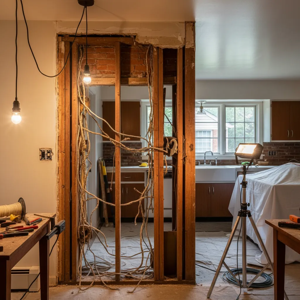 exposed electrical wiring inside wall of a 1960s kitchen during renovation