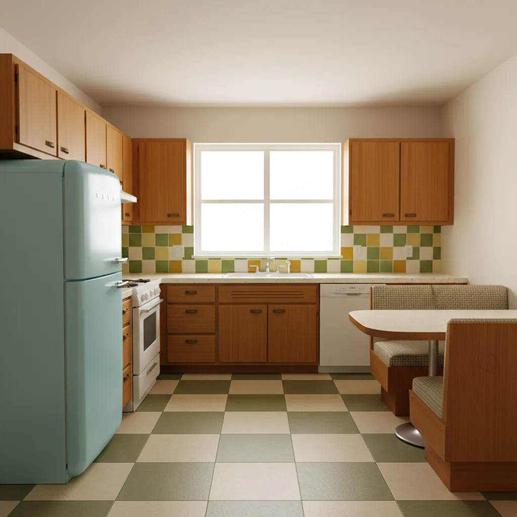 1960s style L shaped kitchen layout with retro appliances and wood cabinets