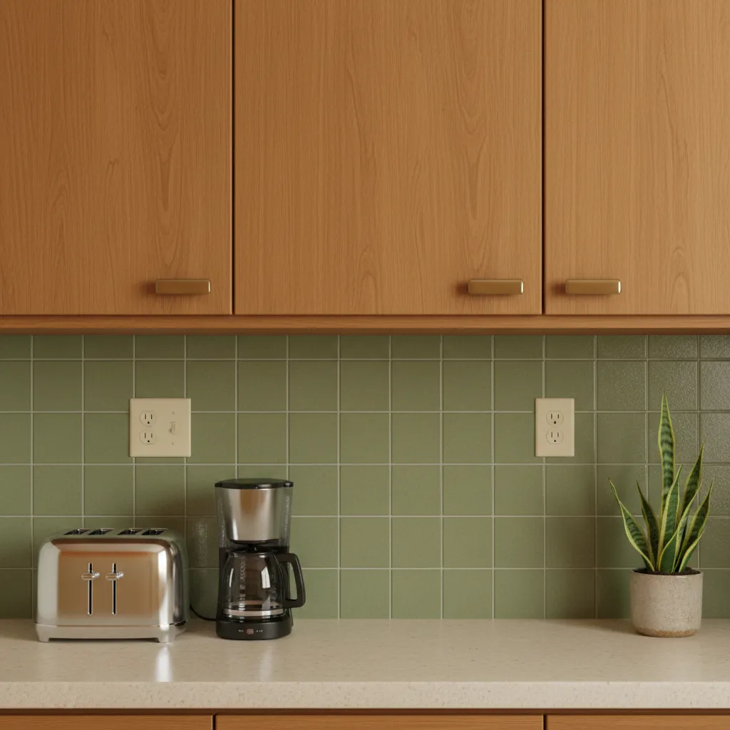 close view of limited electrical outlets along a 1960s kitchen backsplash