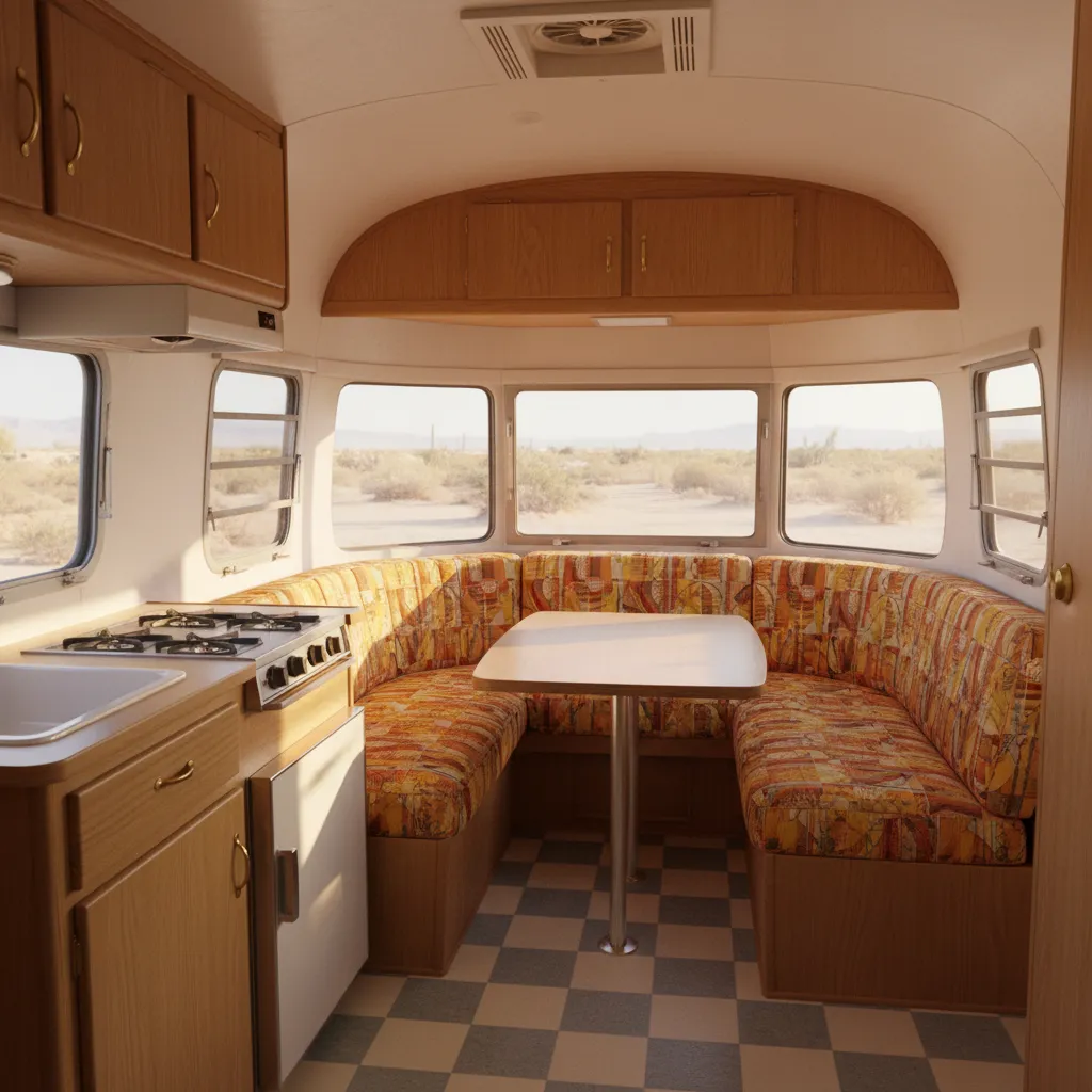 restored 1960s vintage travel trailer interior with dinette and galley kitchen