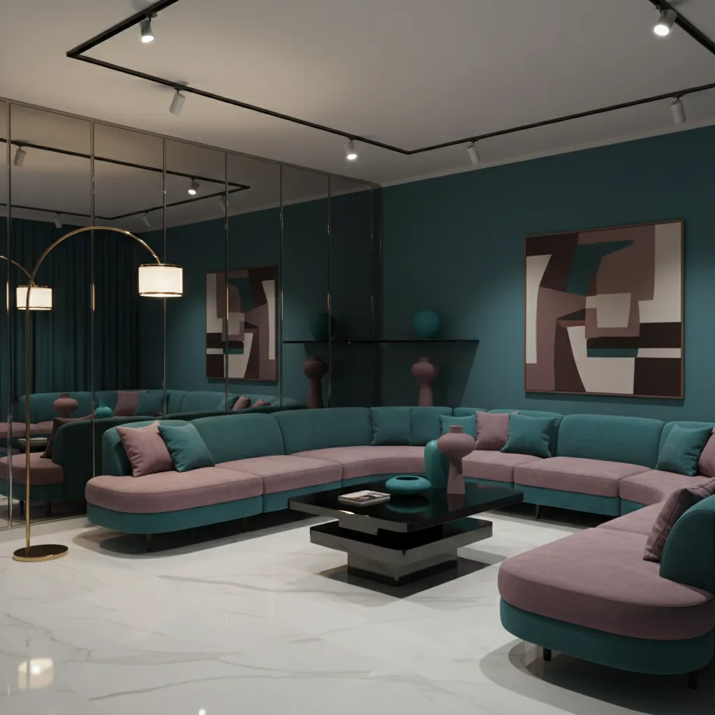 1980s living room with bold colors mirrored wall brass decor and geometric furniture