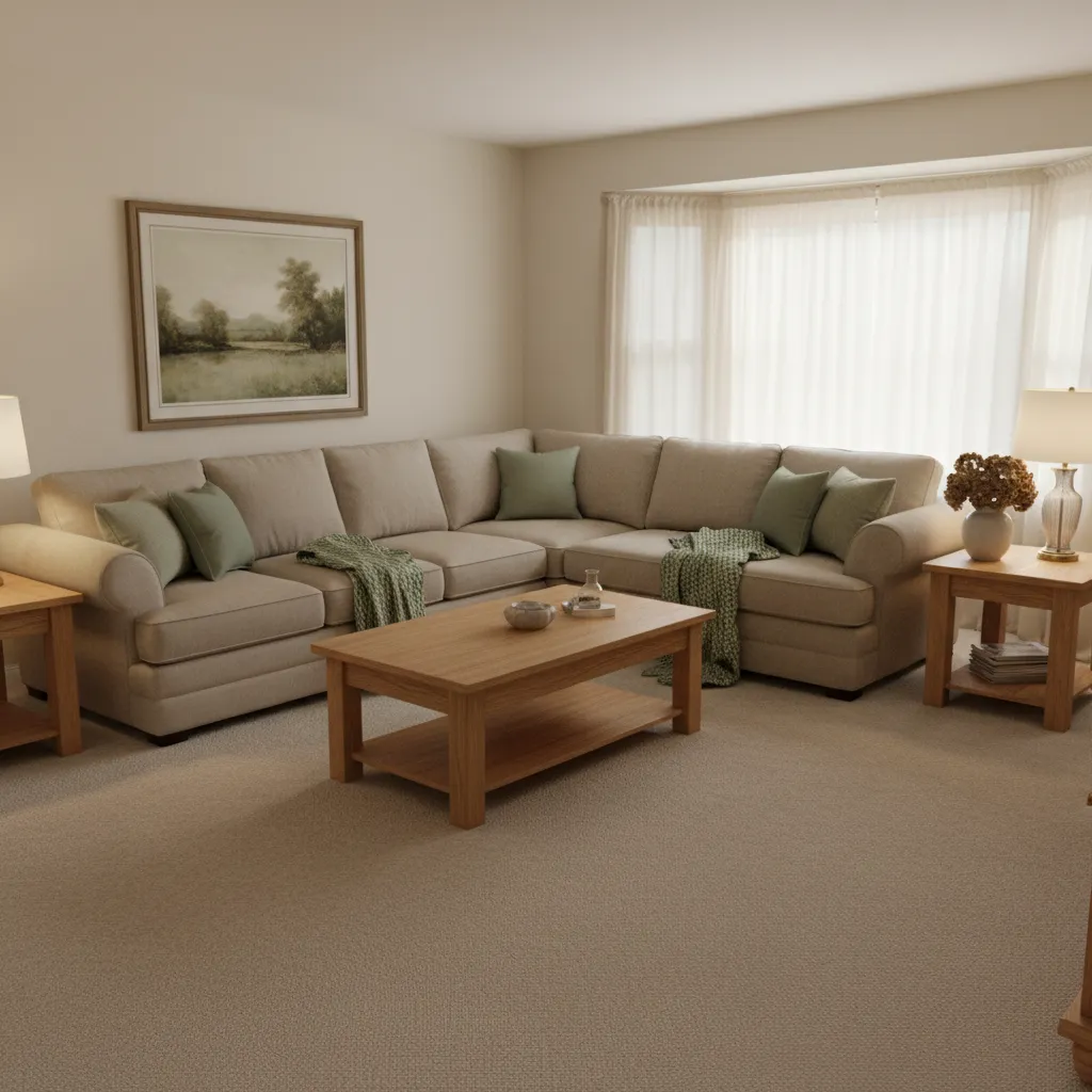 1990s living room with beige sofa oak furniture and neutral color palette