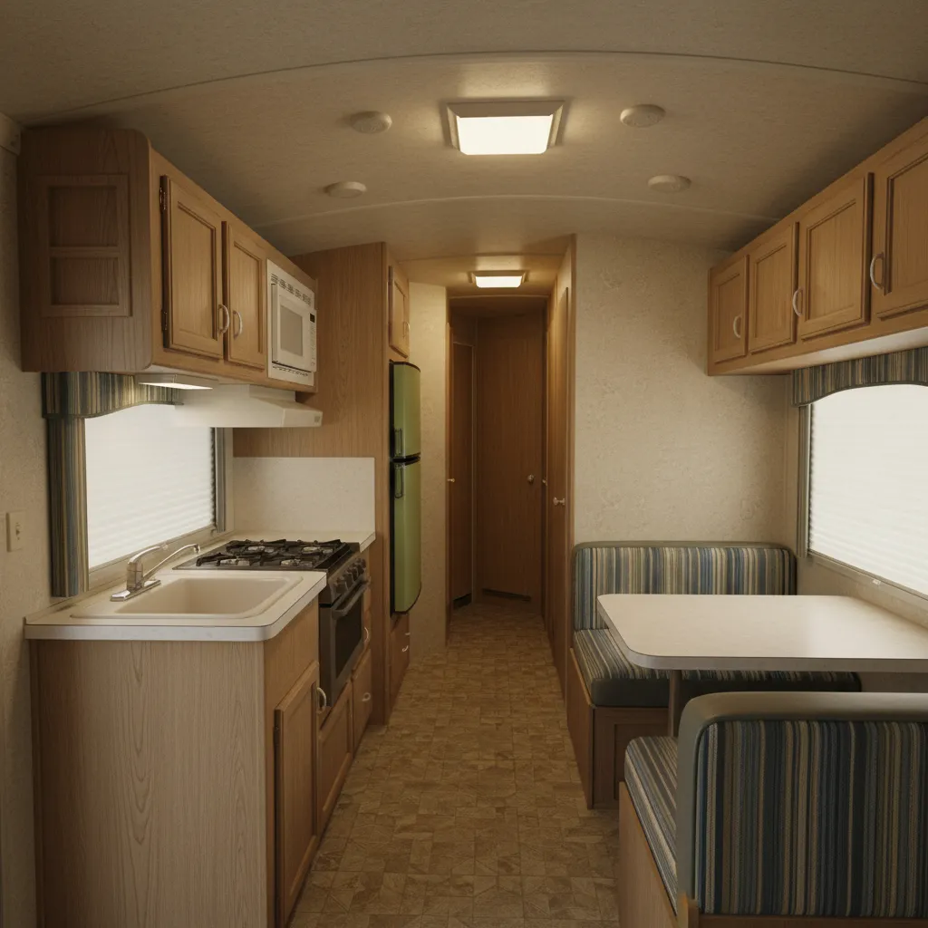 Typical late 1990s travel trailer interior layout showing dinette kitchen and narrow walkway