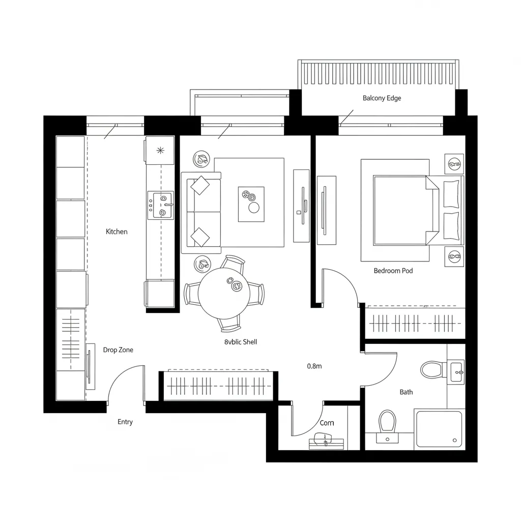 Modern one bedroom apartment floor plan including a kitchen living room bedroom bathroom and small balcony