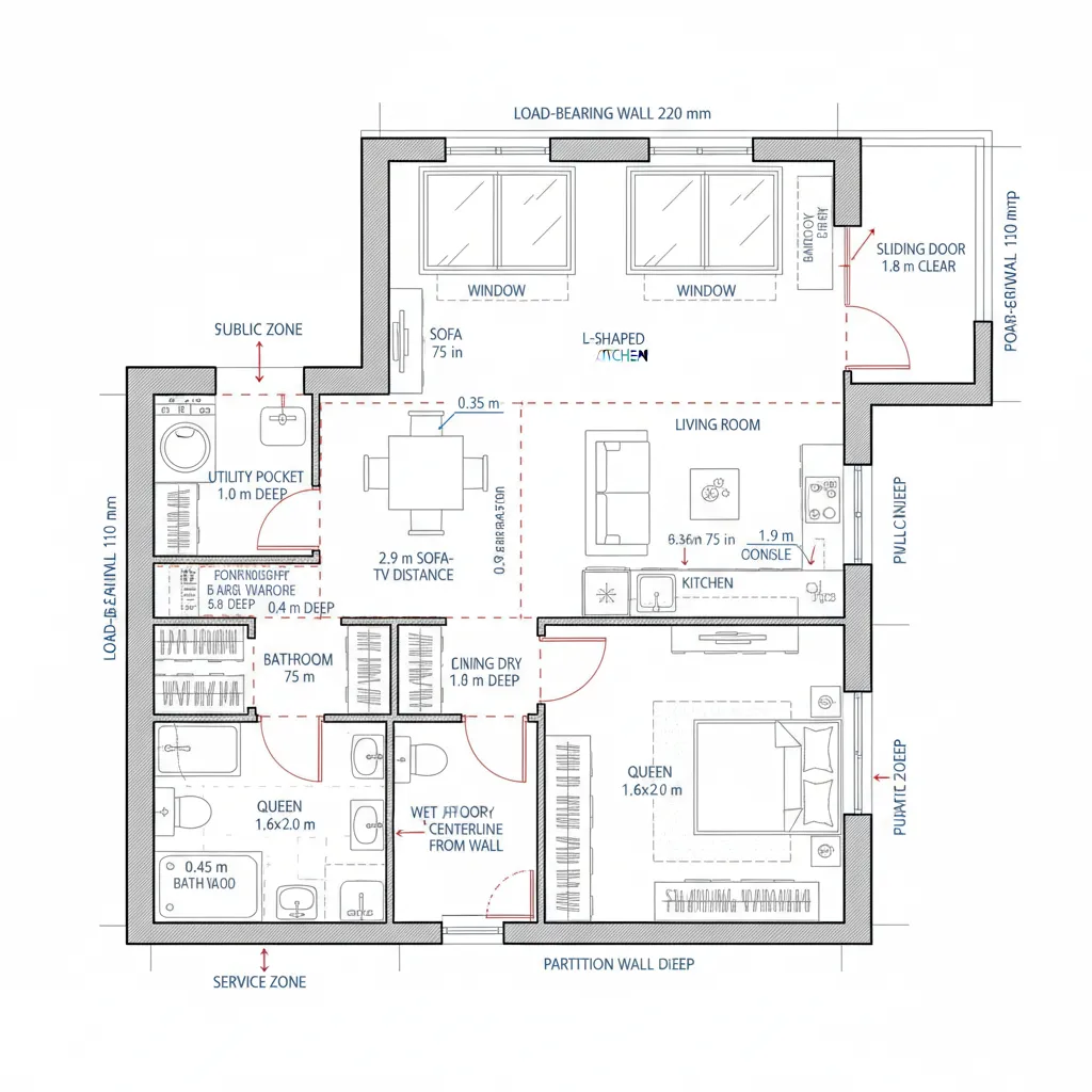 Top-down CAD floor plan of a 1-bedroom corner unit with cross-ventilation and clear circulation