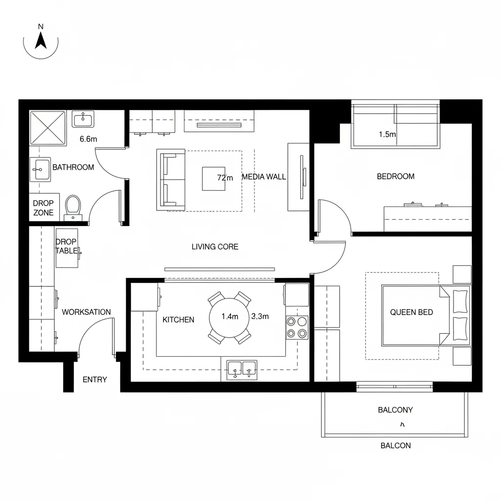 Top-down CAD plan of a 1-bed flexible core apartment with sliding partition and balcony loop circulation