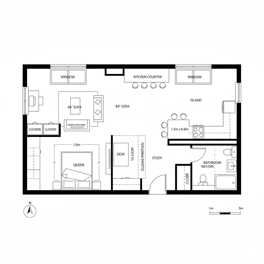 Top-down CAD plan of a flexible 1-bedroom with open living, sliding study partition, and queen bedroom