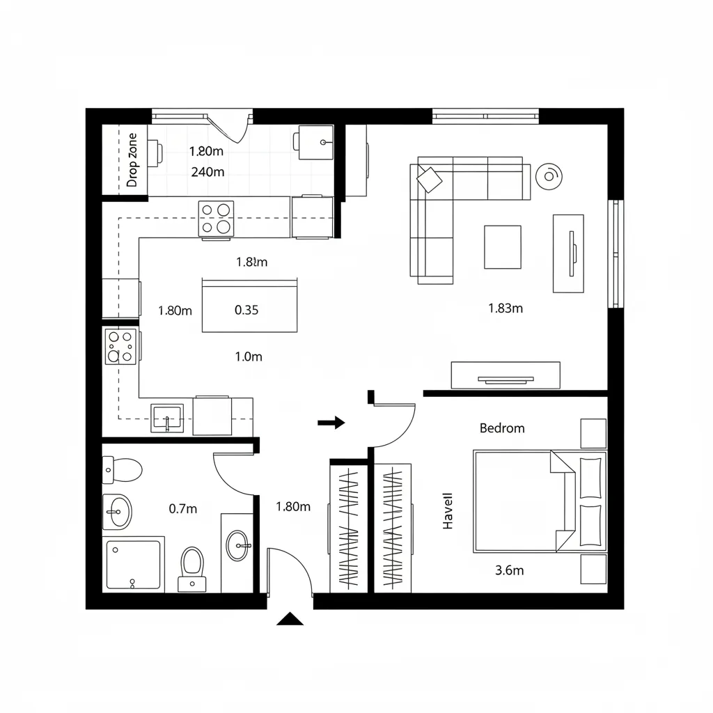 One bedroom apartment floor plan showing kitchen with island living room sofa and a bathroom