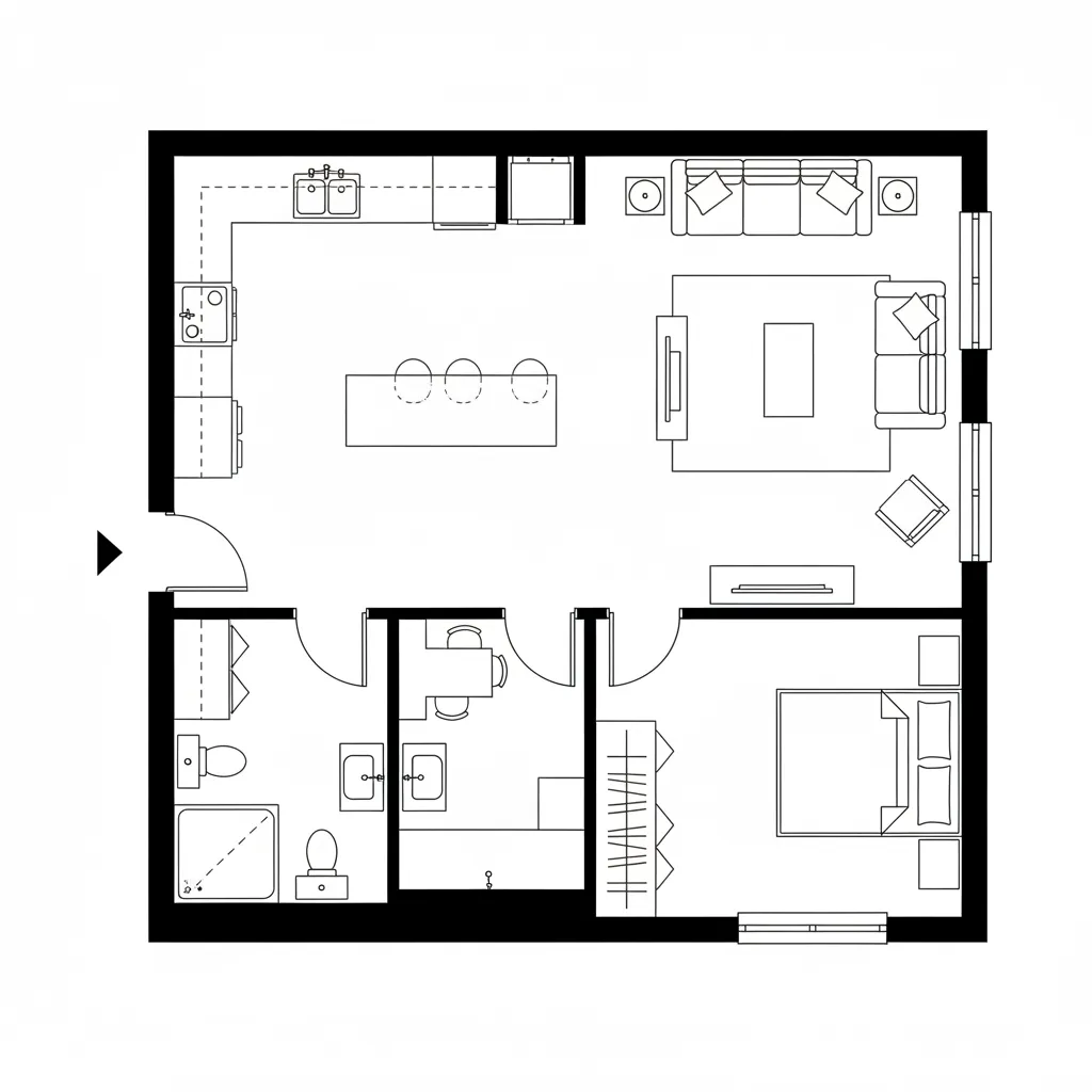 Top-down CAD plan showing looped circulation with living core, pocket office, bedroom and bath