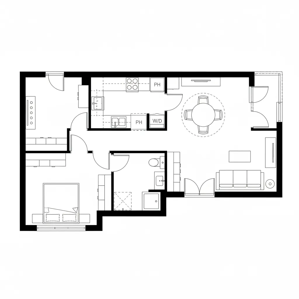 Top down floor plan showing one bedroom apartment layout with living room kitchen and bathroom