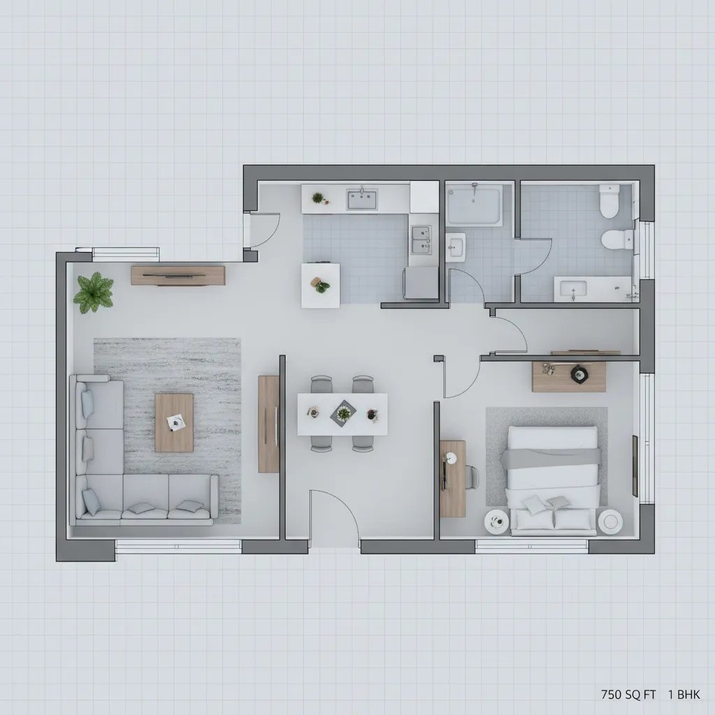 1BHK 750 sq ft floor plan showing living room bedroom kitchen and bathroom layout