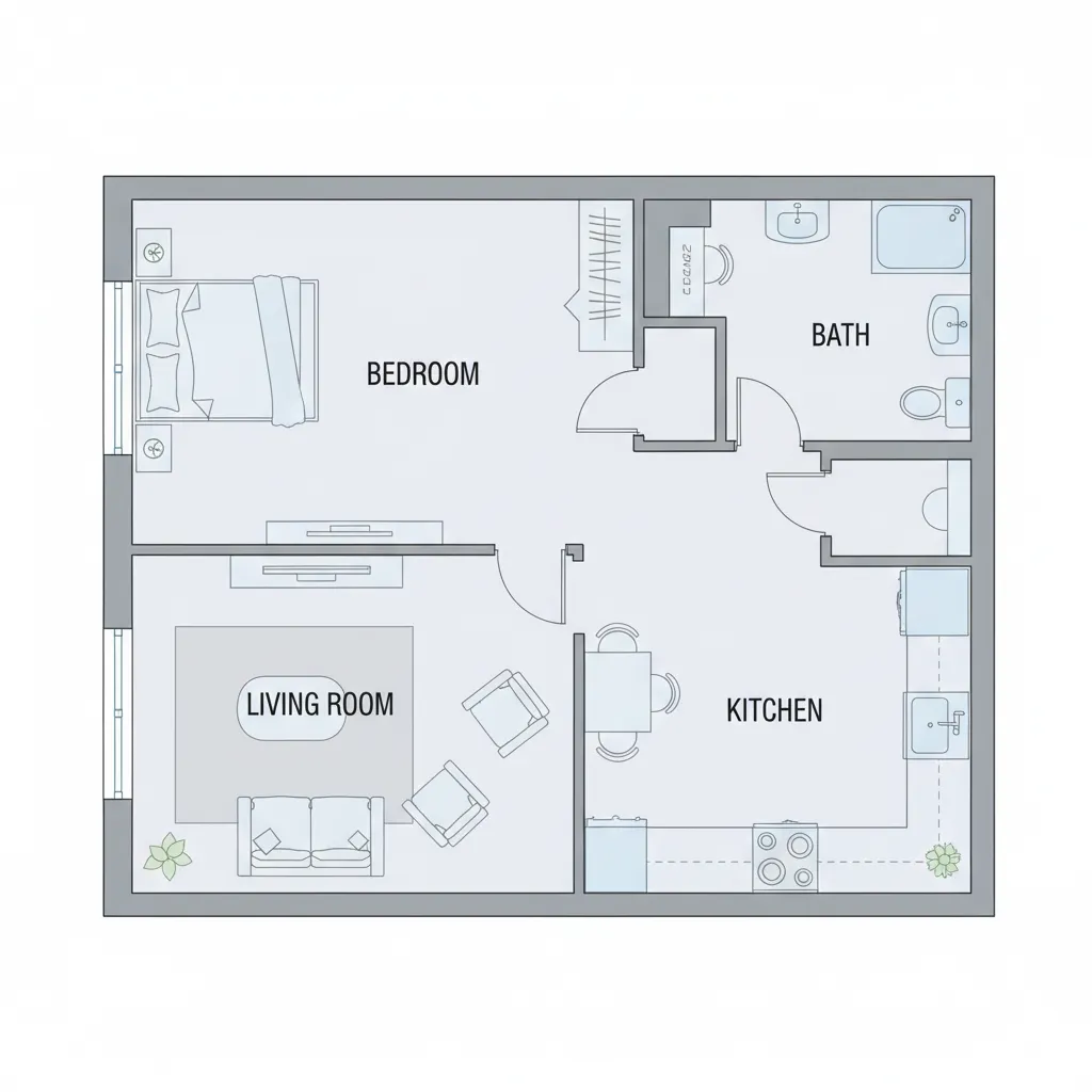 One bedroom apartment floor plan layout showing separate living room kitchen area bedroom and full bathroom