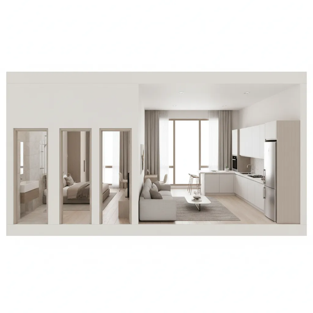Interior design drawing showing a complete apartment with living room kitchen bedroom and small clean bathroom