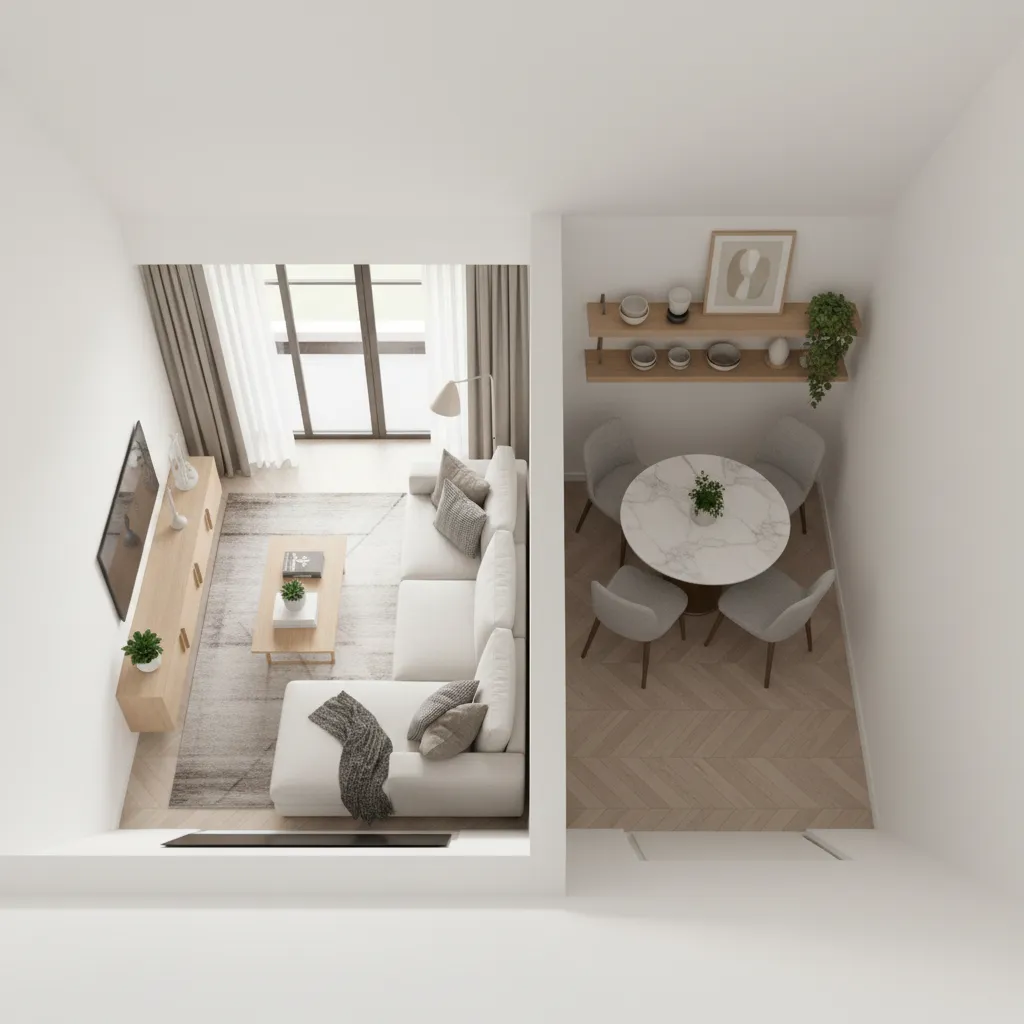 Interior layout zoning example for a compact 1 BHK apartment living dining space