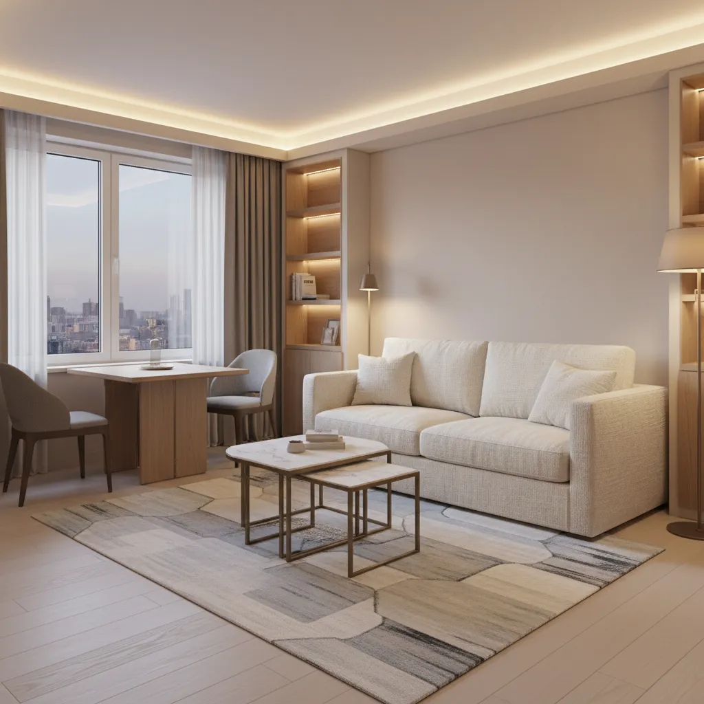Multifunction furniture setup in a small luxury apartment living area