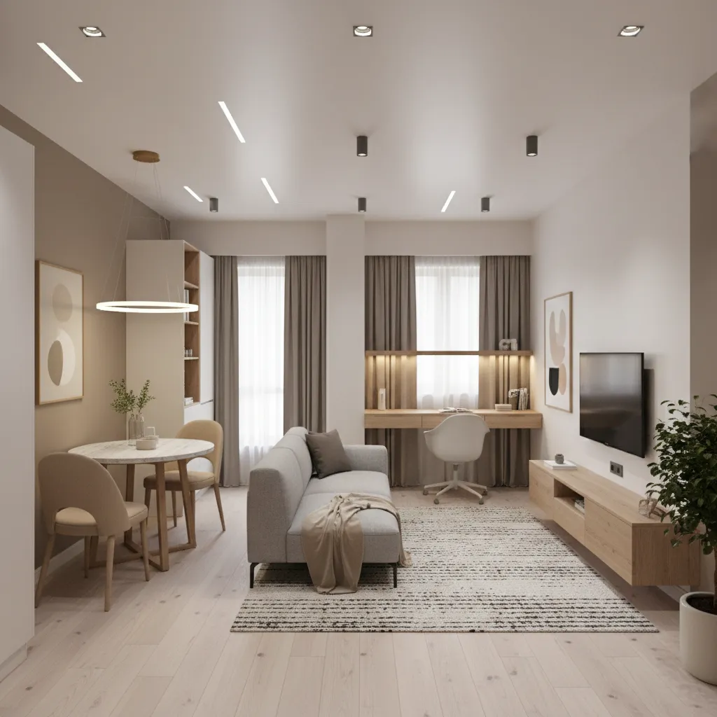 Smart zoning layout showing living dining and workspace in a small apartment
