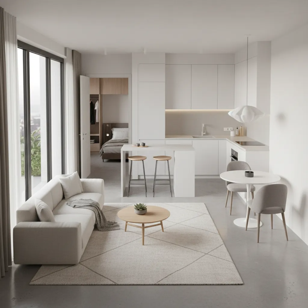 Open plan layout zoning in a 1 BHK apartment showing living and dining areas