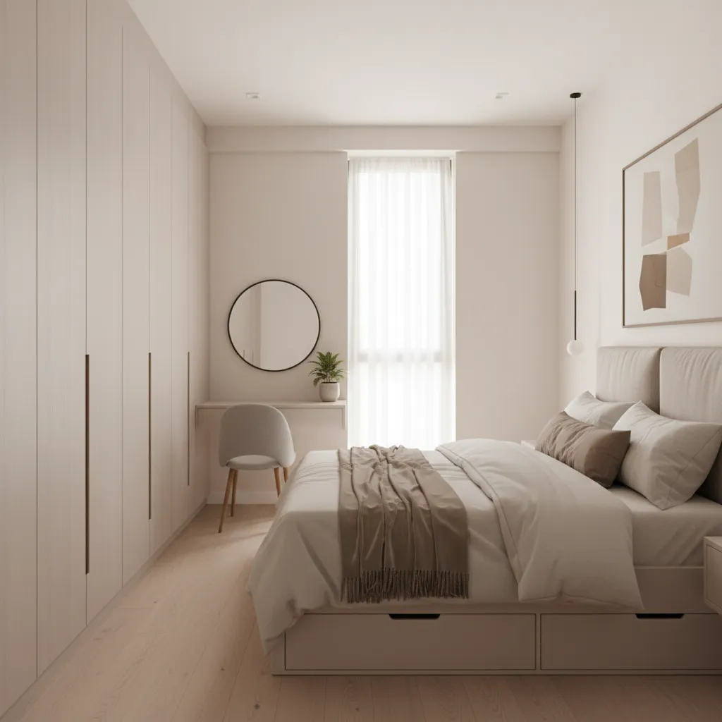 small 1 BHK bedroom layout with built in wardrobe storage
