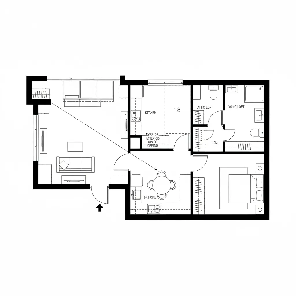 Top-down CAD floor plan of a 1BHK with a central micro-courtyard spine
