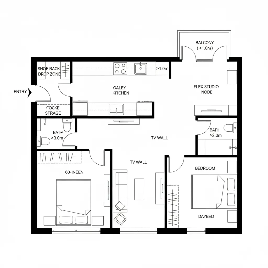 Top-down 2D CAD plan of 1BHK with flex studio node and galley kitchen