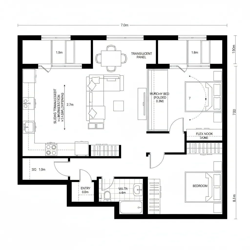 Top-down 1BHK plan with galley kitchen and sliding-partition flex nook