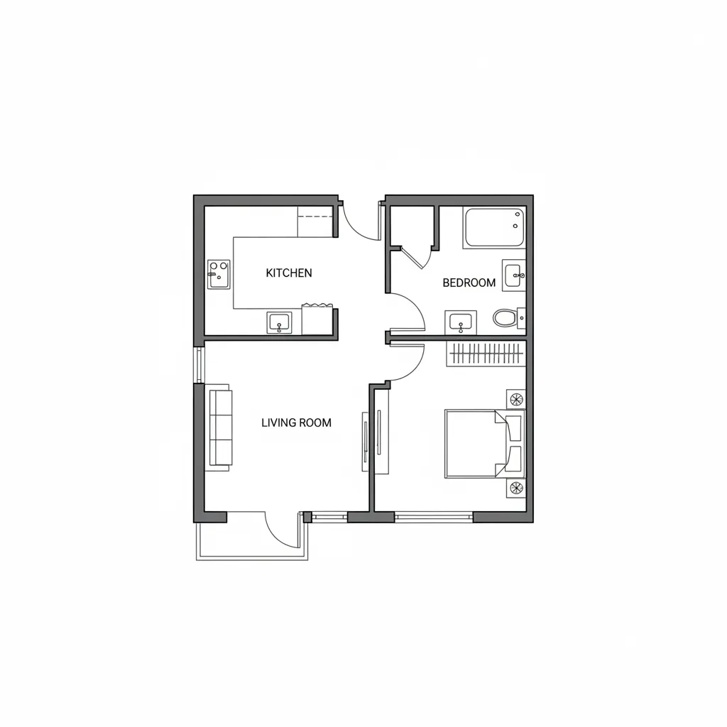 simple architectural floor plan diagram for a 1 BHK apartment layout