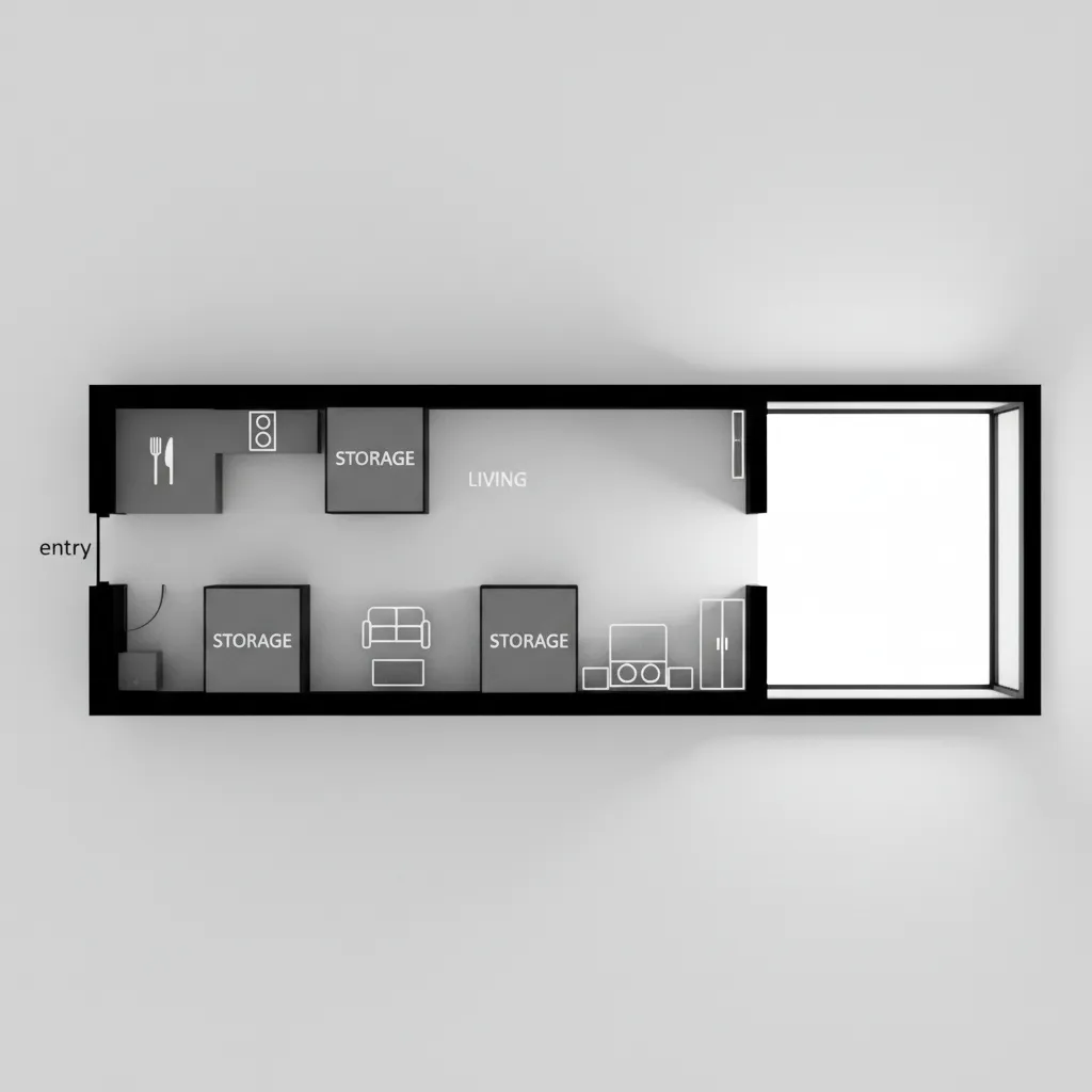 3D interior design drawing of long narrow apartment with kitchen storage area and living space