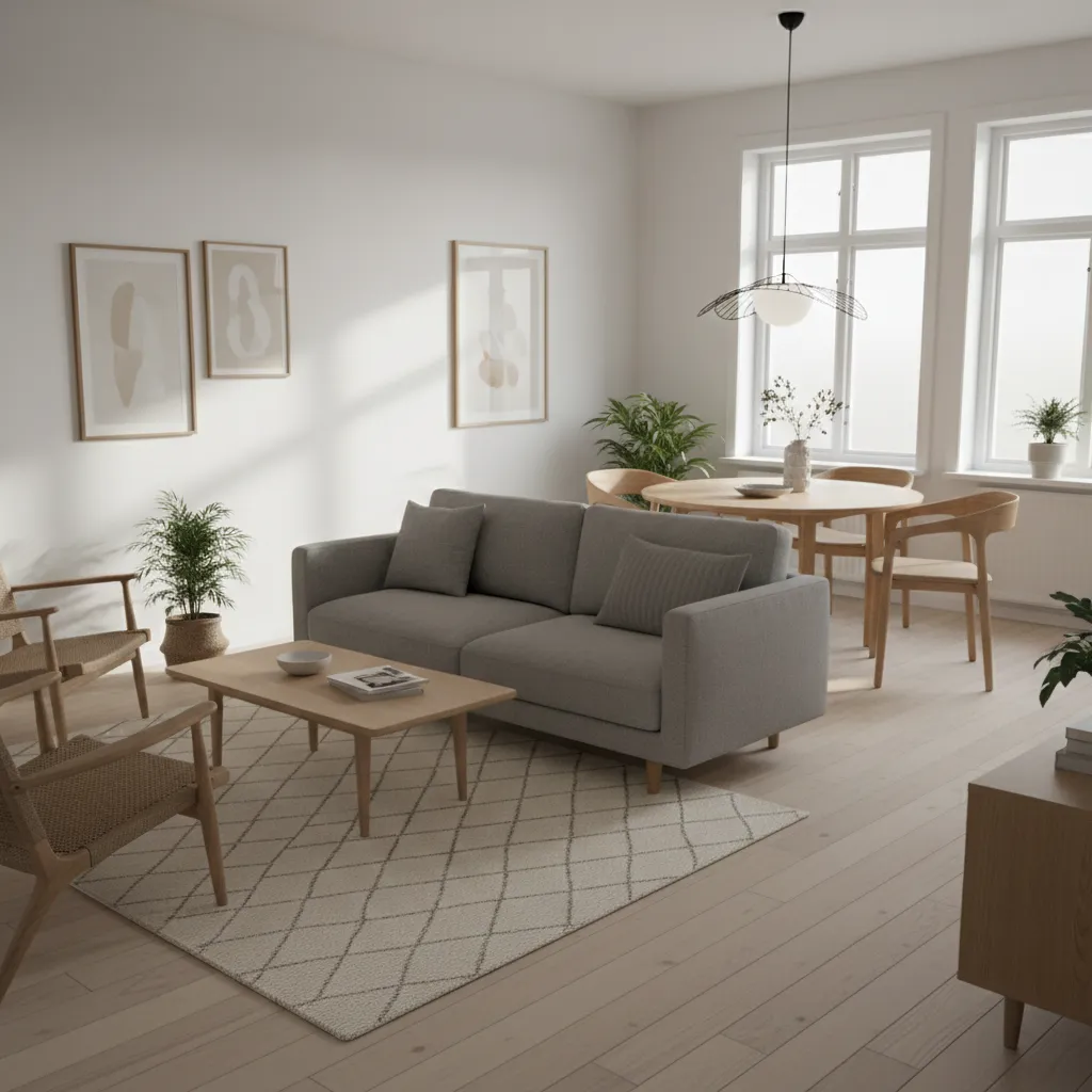zoned living and dining layout in a small 1 BHK apartment