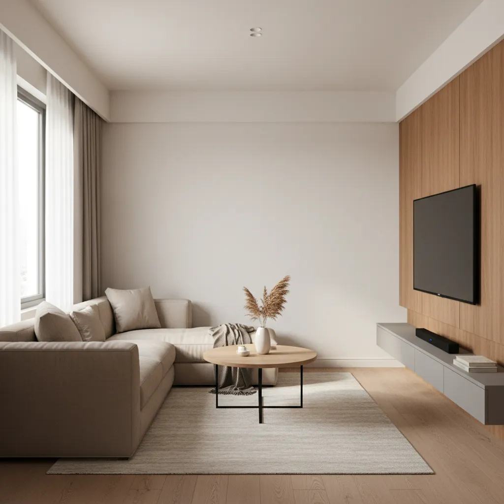Small luxury living room design inside a 1 BHK apartment with minimalist furniture