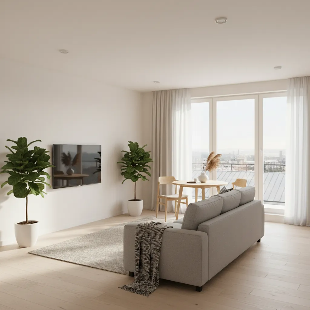 open living and dining layout in a small 1 BHK apartment
