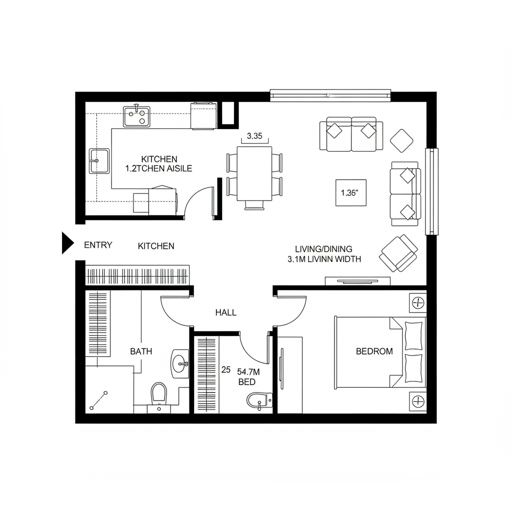 Top-down 2D CAD plan of a 1BHK with open living spine and galley kitchen