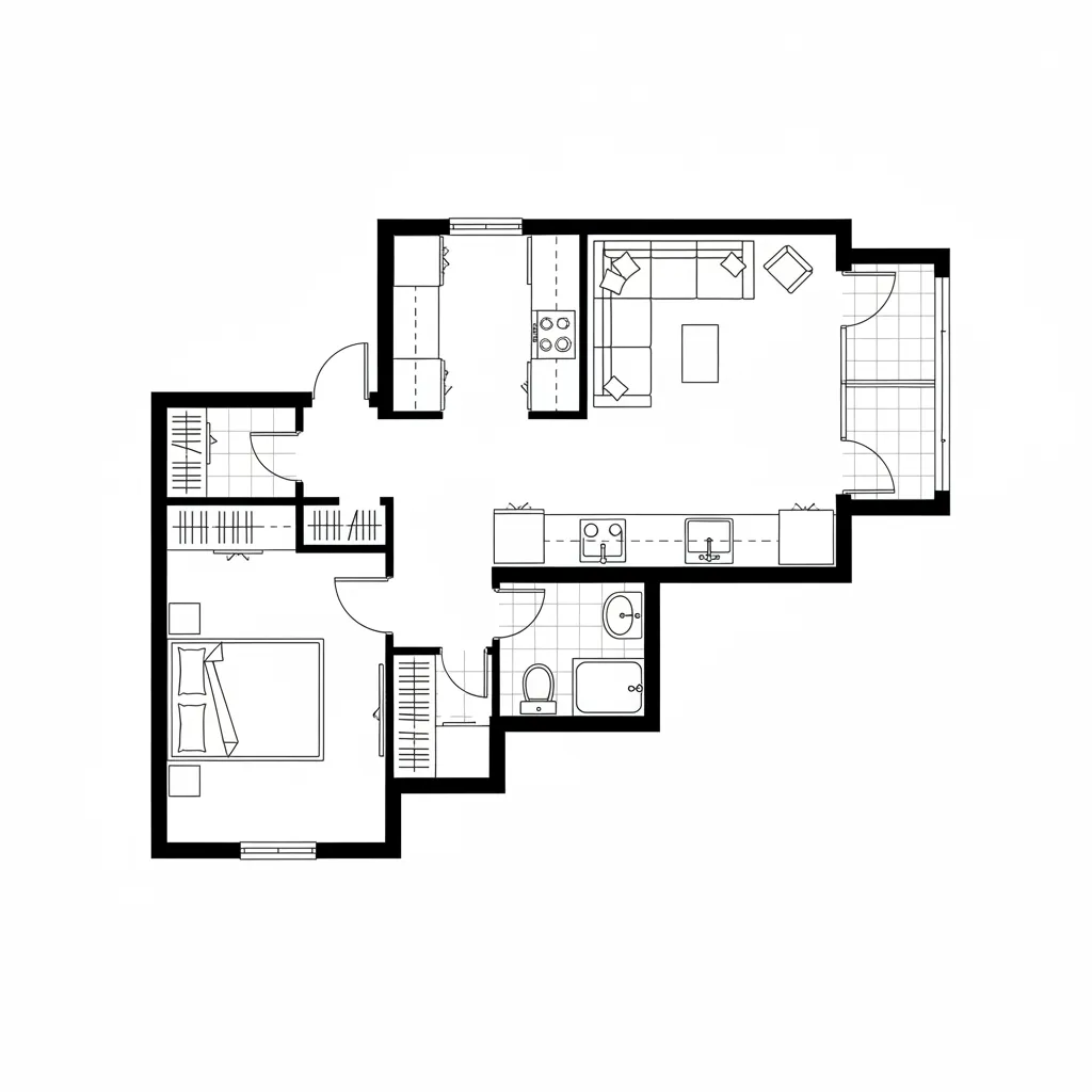 Black and white floor plan showing a small apartment with kitchen living room and bedroom layout