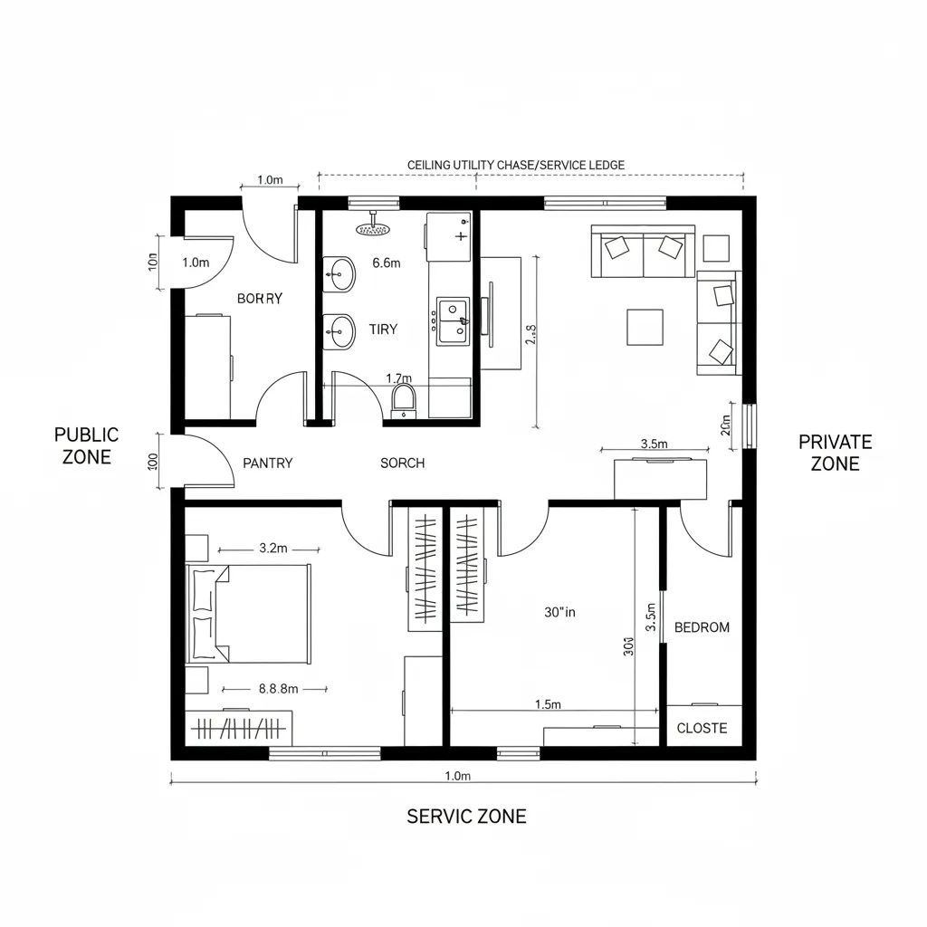 Top-down CAD plan of 1BHK with ribbon core and sliding studio