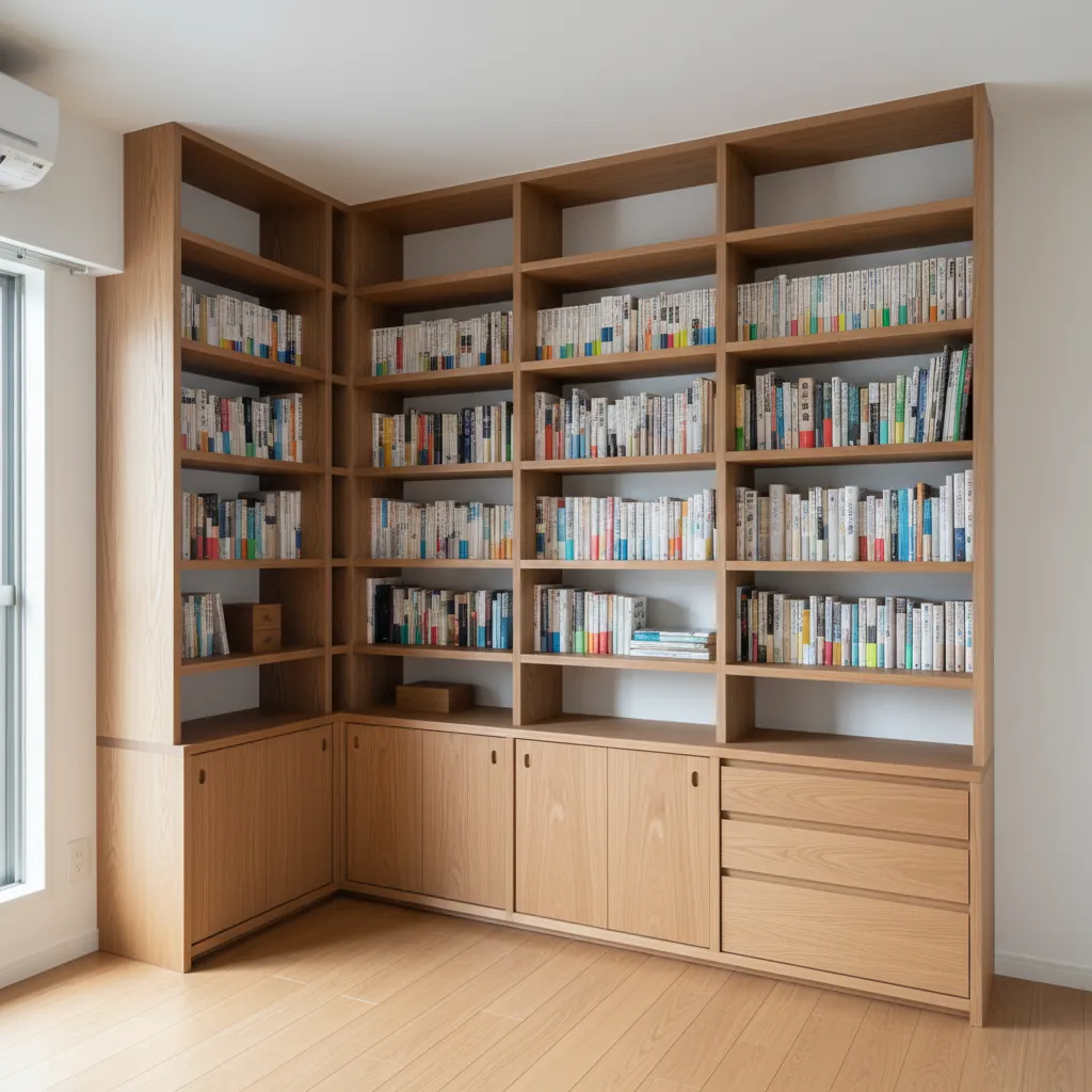 本の“面”をつくる：縦の収納技巧で床を空ける収納技巧