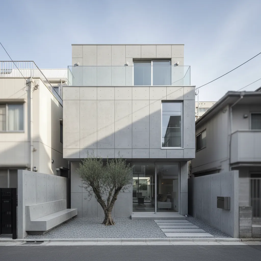 Modern three story grey concrete house with glass balcony minimalist front yard and small tree