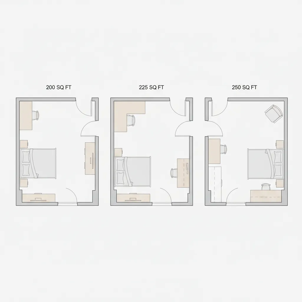 Dimension examples for 200, 225, and 250 square feet rooms