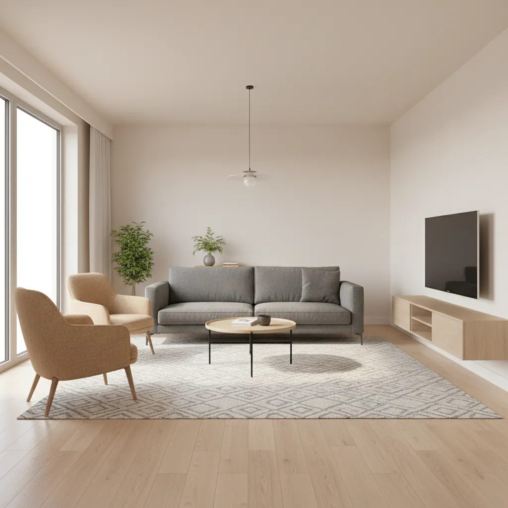 Example layout of a 200 sq ft living room with sofa chairs and rug