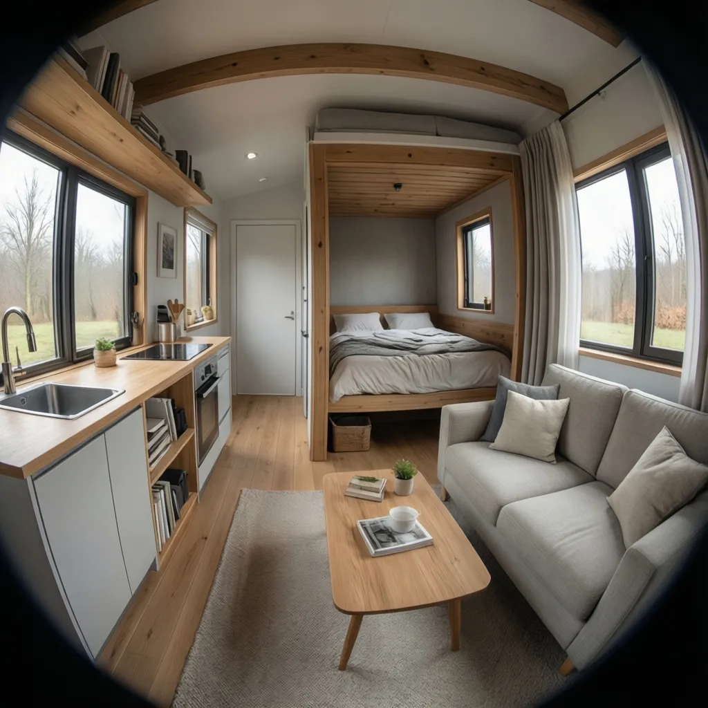 200 sq ft micro home interior with small kitchen sleeping nook and living area
