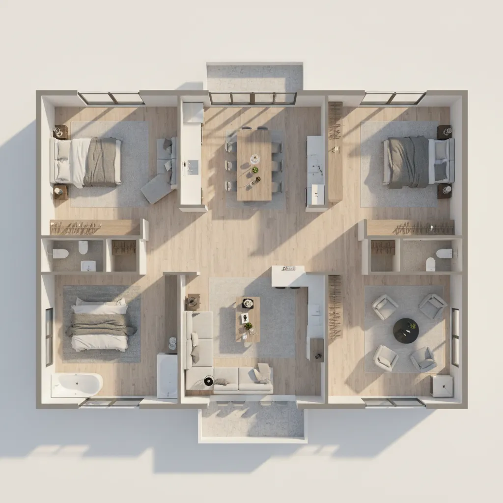 example 2000 sq ft home floor plan with two master suites and open living space