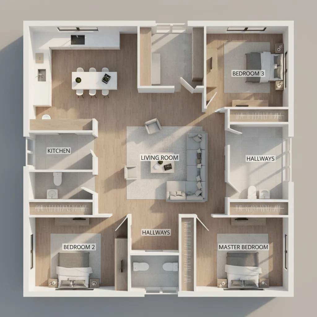 3D overview of a 2000 sq ft home layout showing room distribution