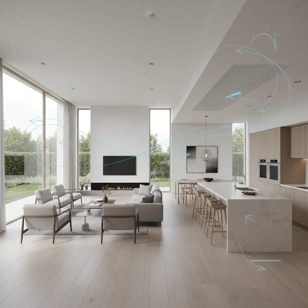 Modern 2000 sq ft open floor plan home interior showing airflow and cooling layout