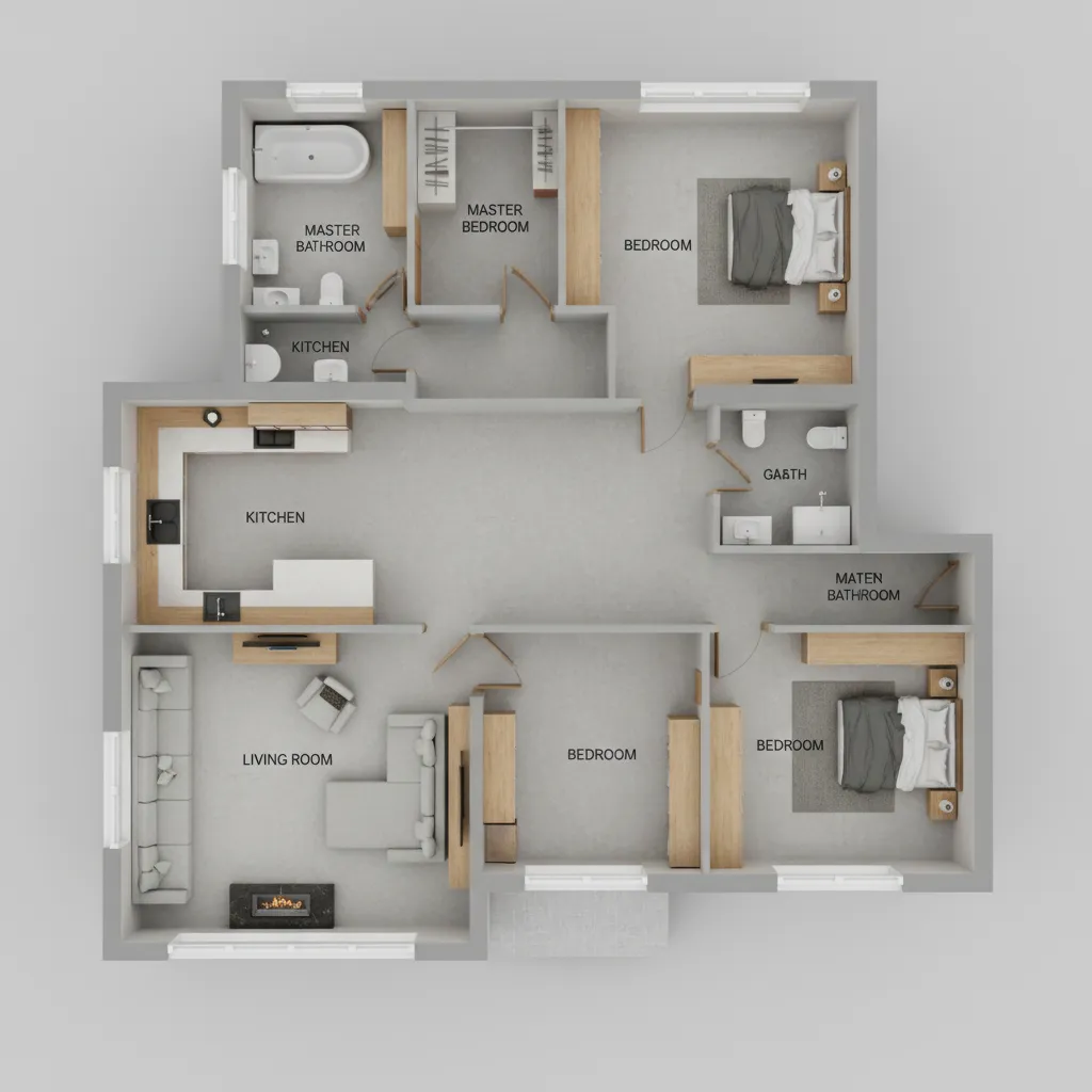 3D floor plan layout of a 2000 square foot house showing room arrangement