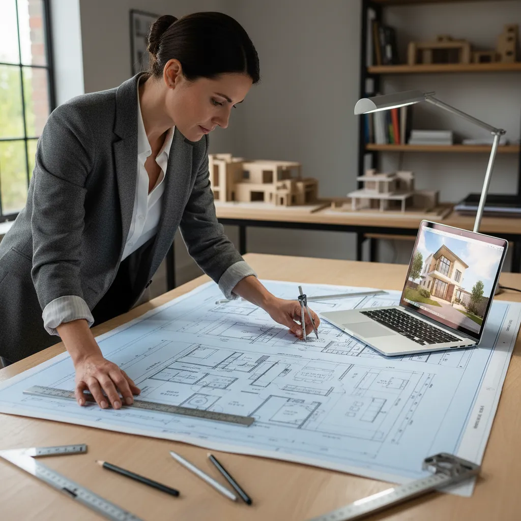 Architect reviewing a 2000 sq ft house floor plan layout