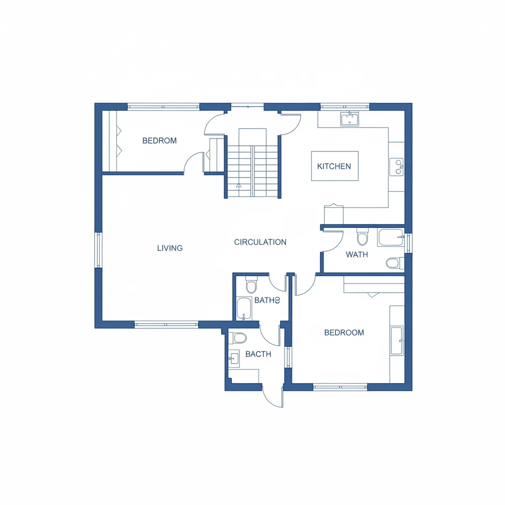 Zoned floor plan layout showing living, kitchen, and bedroom areas in a 2000 sq ft home