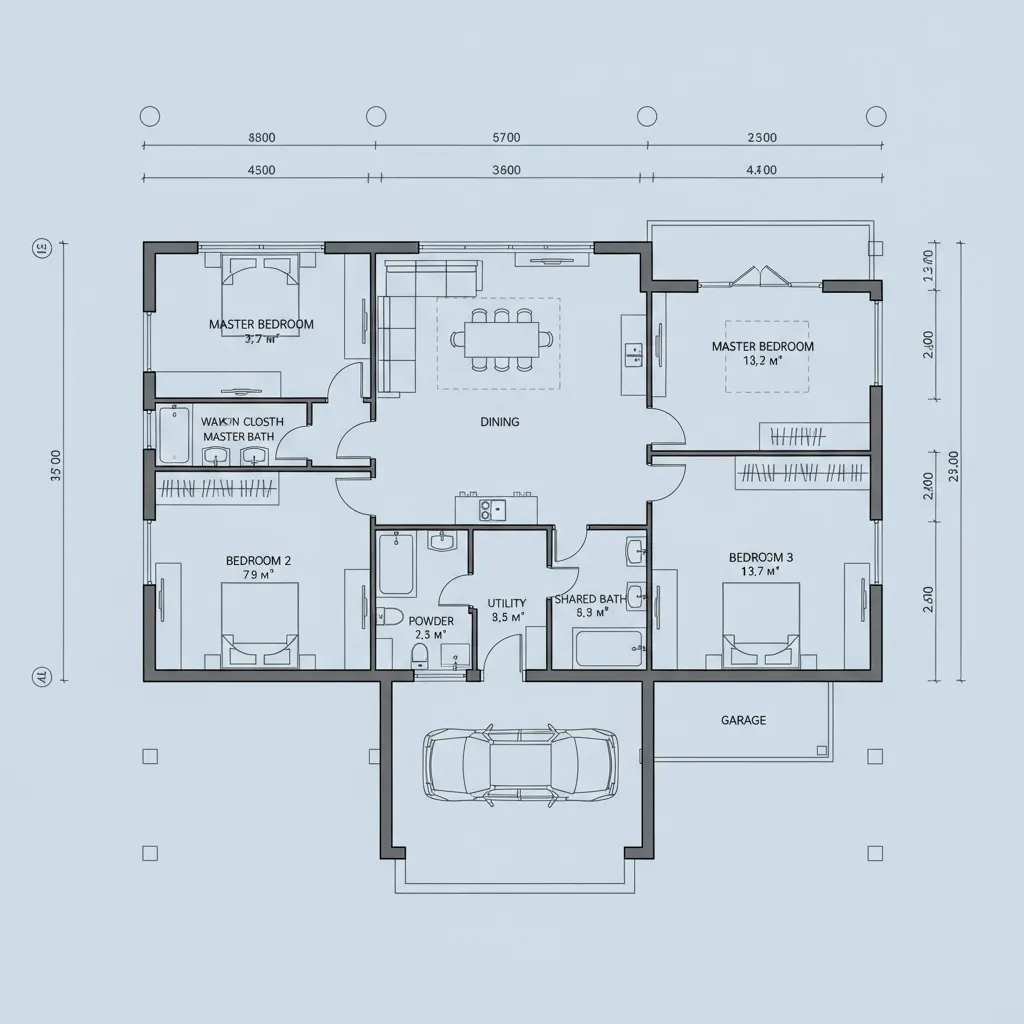 Plano arquitectónico de una casa de 200 metros cuadrados