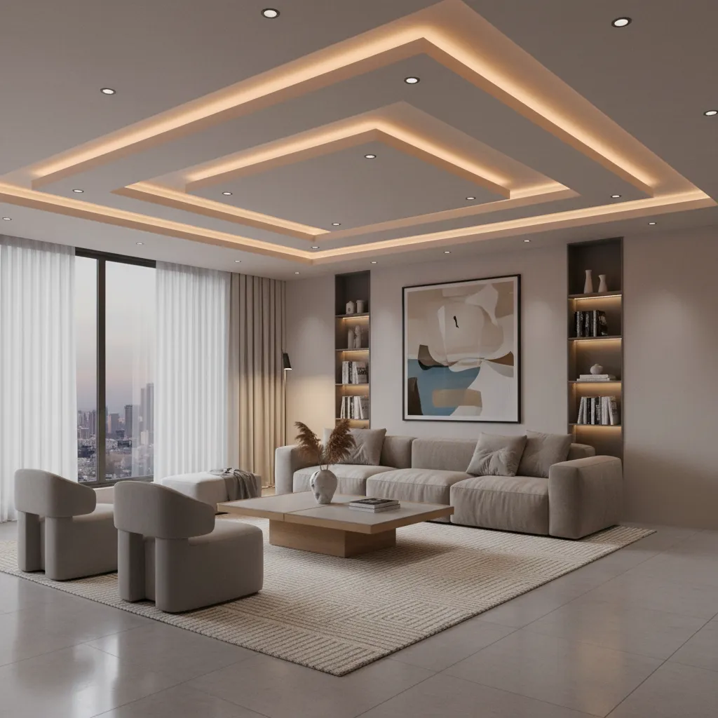 modern living room with layered gypsum ceiling and recessed lighting